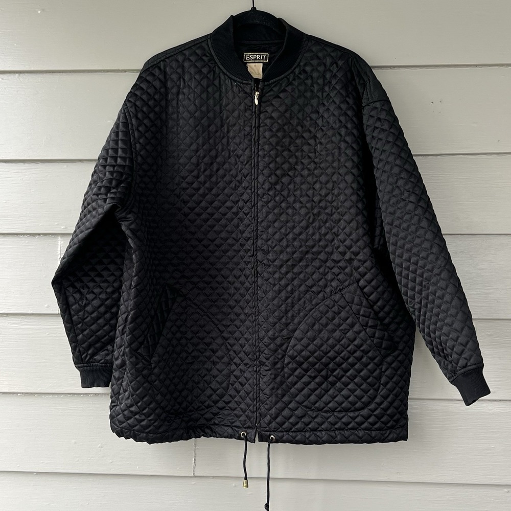 Esprit Diamond-Quilted Bomber Jacket Black Vintage Medium Zip-Up Men